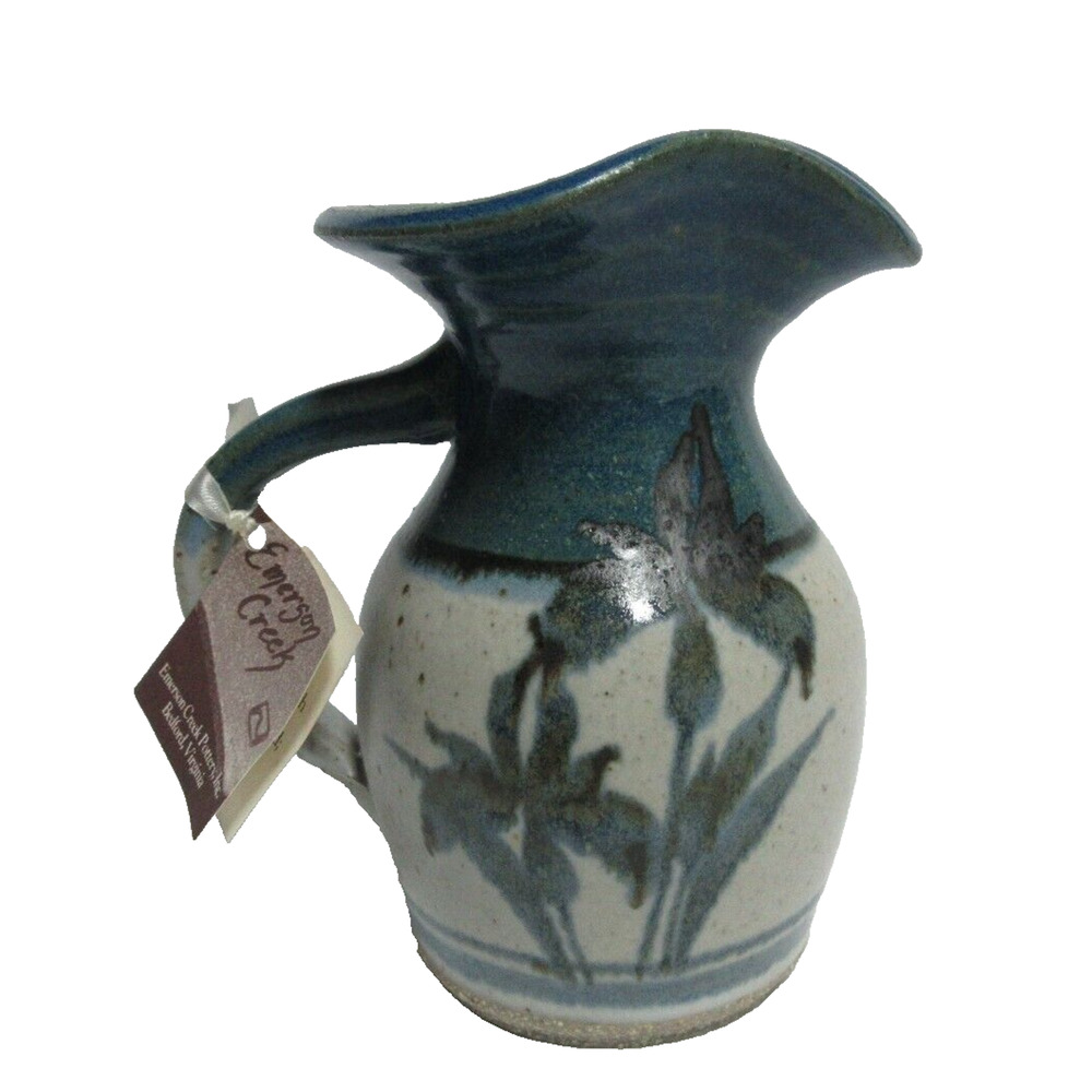 Emerson Creek Pottery Blue Milk Pitcher, Bedford, VA - 6" tall Blue Floral